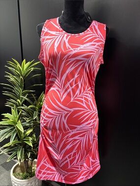 Robert Louis Seeveless scoop, neck,ruching, palm, leaf red/pink stretch